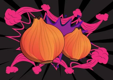 Cartoon Onion, comic book vegetable. Retro vector comics pop art design. Stock Illustration