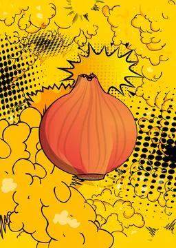 Cartoon Onion, comic book vegetable. Retro vector comics pop art design. 스톡 일러스트