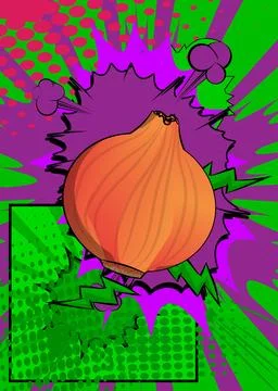 Cartoon Onion, comic book vegetable. Retro vector comics pop art design. 스톡 일러스트