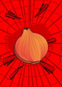 Cartoon Onion, comic book vegetable. Retro vector comics pop art design. Stock Illustration