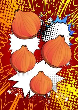 Cartoon Onion, comic book vegetable. Retro vector comics pop art design. Stock Illustration