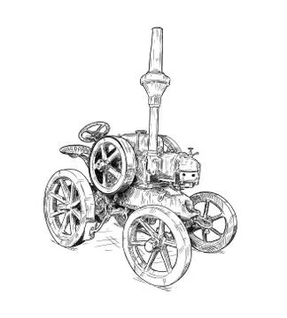 Cartoon or Comic Style Digital Drawing of Old Vintage Tractor Stock Illustration