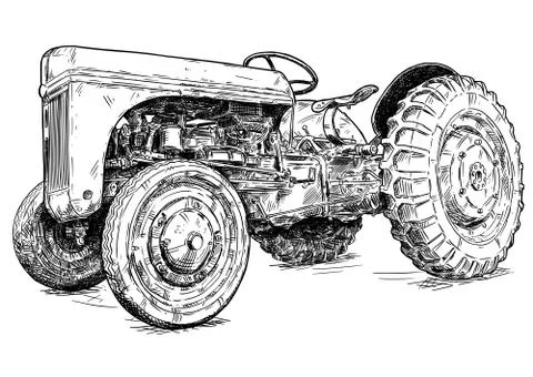 Cartoon or Comic Style Drawing of Old or Vintage Red Tractor Stock Illustration