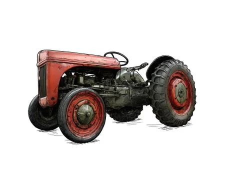 Cartoon or Comic Style Illustration of Old or Vintage Red Tractor Stock Illustration