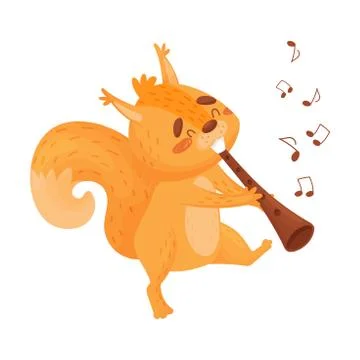 Cartoon Orange Squirrel With Flute. Vector Illustration On White Background. Illustrazione stock