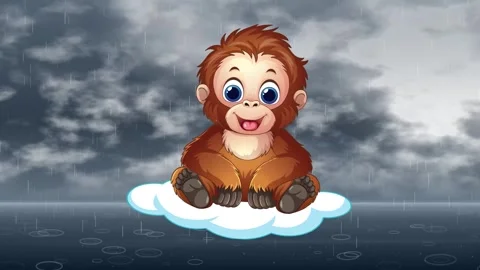 Cartoon Orangutan Floating on a Cloud Over Rainy Ocean Background Stock Footage 345707723