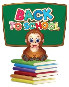 Cartoon Orangutan Sitting on Stack of Books with School Blackboard Stockillustratie