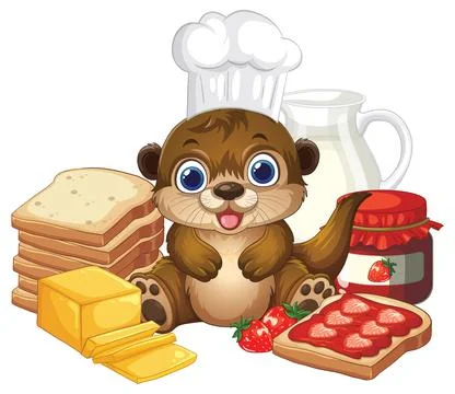 Cartoon Otter Chef with Bread Jam and Milk Breakfast Illustration Stock Illustration