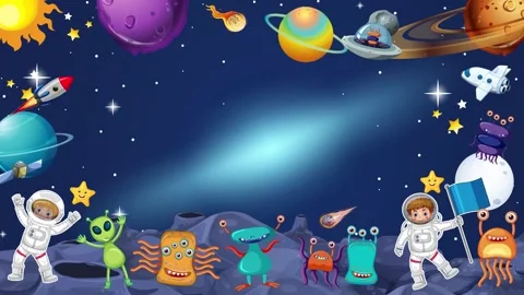 Cartoon Outer Space Background Loop with Astronauts and Aliens Stock Footage 346571651