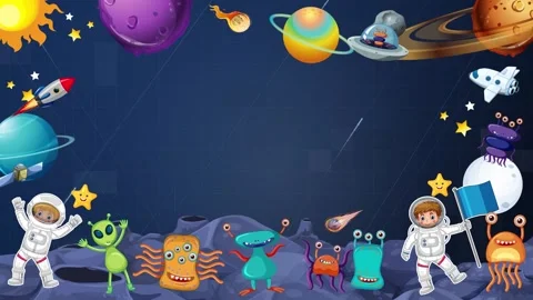 Cartoon Outer Space Border Animation with Astronauts and Aliens Stock Footage 346372482