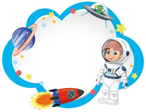 Cartoon Outer Space Border with Astronaut Boy and Rocket Ship Illustrazione stock