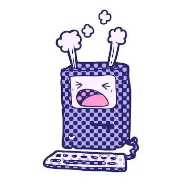 Cartoon overheating computer in bright neon color Stock Illustration