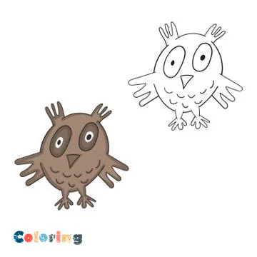 Cartoon owl. Vector illustration in the form of coloring and color example. Stock Illustration