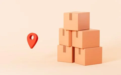 Cartoon package and GPS positioning, express delivery, 3d rendering. Illustrazione stock
