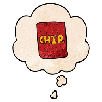 Cartoon packet of chips and thought bubble in grunge texture pattern style Illustrazione stock