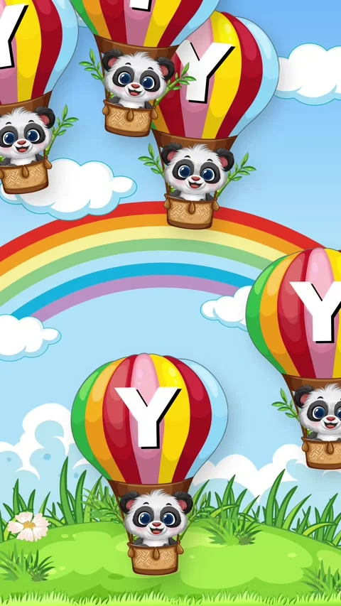 Cartoon Panda Bears Falling in Hot Air Balloons Over Rainbow Landscape Stock Footage 339755946