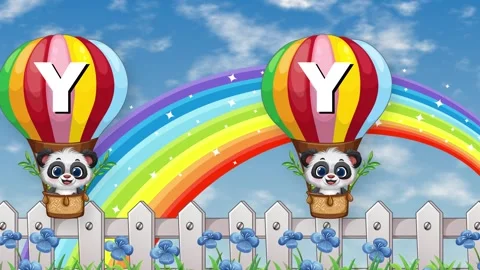 Cartoon Panda Bears Floating in Hot Air Balloons Over Rainbow Stock Footage 341541416