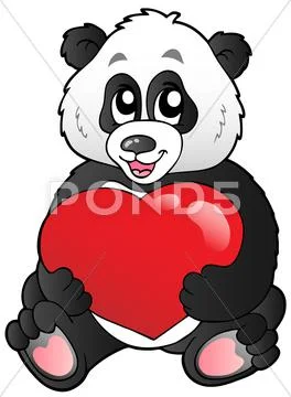 Cartoon panda holding red heart Stock Illustration