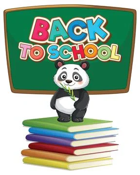 Cartoon Panda Standing on Stack of Books with Chalkboard Background Illustrazione stock