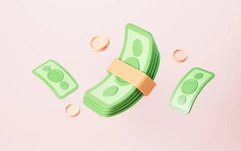 Cartoon paper bills stack, flying banknotes, 3d rendering. Illustrazione stock
