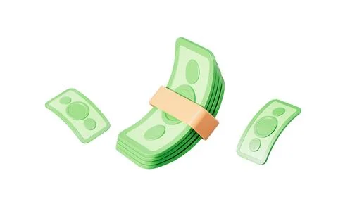 Cartoon paper bills stack, flying banknotes, 3d rendering. Stock Illustration