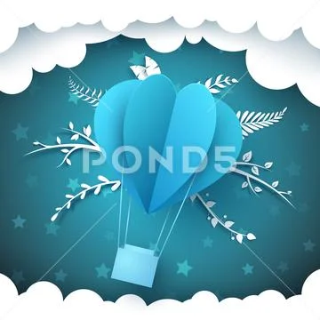 Cartoon paper landscape. Air balloon, fir, winter. Stock Illustration