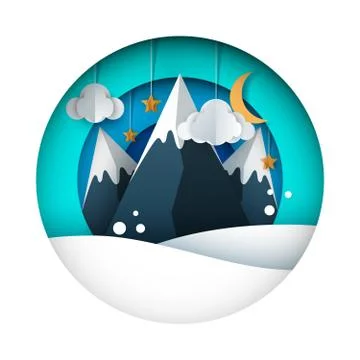 Cartoon paper landscape. Mountain, cloud, sun, star, moon, sky. Ilustração Stock
