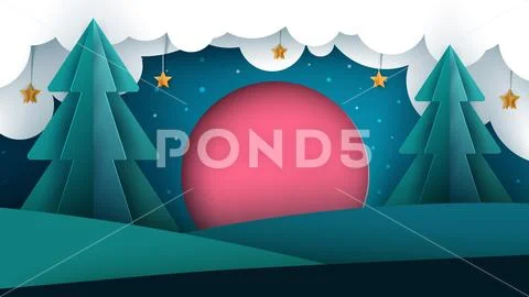 Cartoon paper landscape. Sun, fir, cloud, star. Stock Illustration