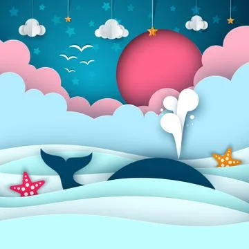 Cartoon paper sea. Whale, cloud, sun, star. Stock Illustration