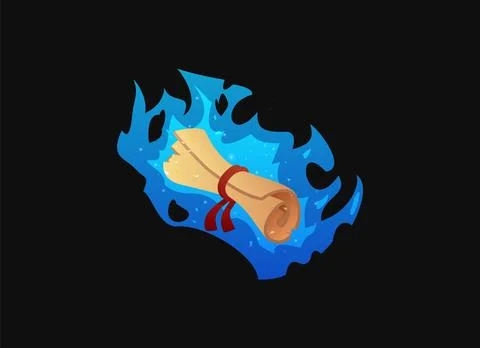 Cartoon parchment roll in blue fire flame, hot vintage paper blank scroll Illustration