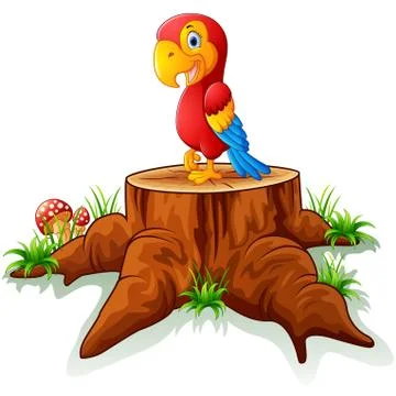 Cartoon parrot on tree stump イラスト素材