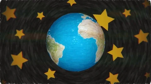 Cartoon pastel planet earth globe spin in stars space background seamless Stock Footage