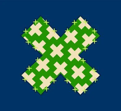 Cartoon patch font letter X, patchwork typeface, Illustrazione stock