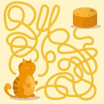 Cartoon of Paths or Maze Puzzle Activity Game with Kitten and Pancakes Stock Illustration