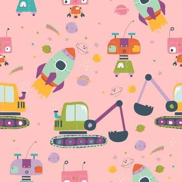 Cartoon Pattern with Robots, Digger,Cosmic Rocket on Pink Background Stock Illustration