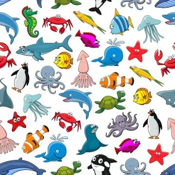 Cartoon pattern of sea fish and ocean animals Illustrazione stock