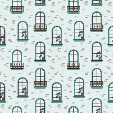 Cartoon pattern with windows. Background with window frames for textiles hand 스톡 일러스트