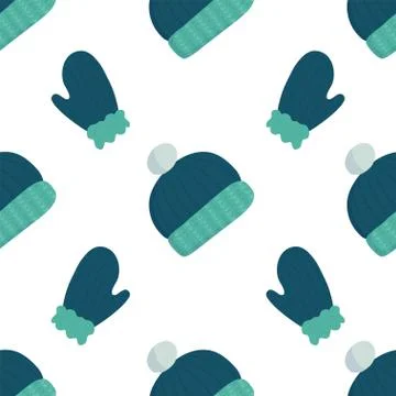 Cartoon pattern with wool winter green hat on white backdrop Stock Illustration