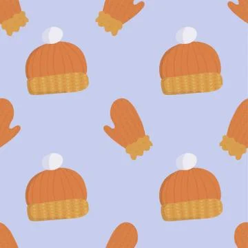 Cartoon pattern with wool winter orange hat on soft blue backdrop Stock Illustration