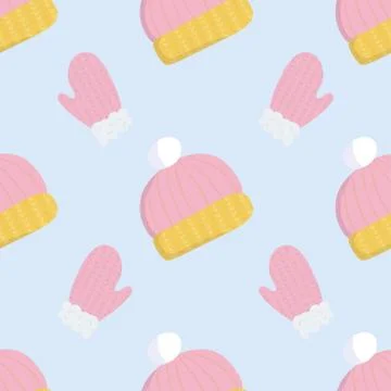 Cartoon pattern with wool winter pink and yellow hat on soft blue backdrop Stock Illustration