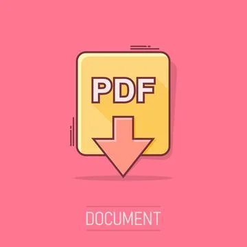 Cartoon PDF file icon in comic style. PDF download sign illustration pictog.. Illustrazione stock