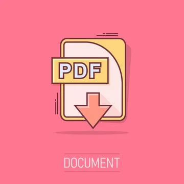 Cartoon PDF file icon in comic style. PDF download sign illustration pictog.. Illustrazione stock