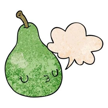 Cartoon pear and speech bubble in retro texture style Stock Illustration