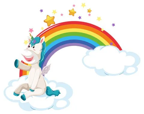 Cartoon pegasus sitting on a cloud with rainbow Stock Illustration