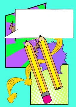 Cartoon Pencil with blank speech bubble, comic book pencil background. Retr.. Stock Illustration
