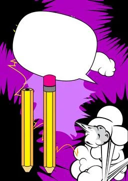 Cartoon Pencil with blank speech bubble, comic book pencil background. Retr.. Stock Illustration