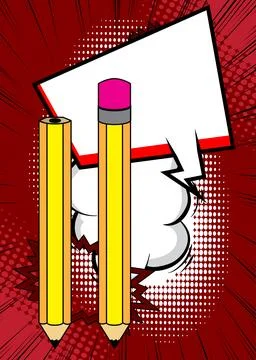 Cartoon Pencil with blank speech bubble, comic book pencil background. Retr.. Illustrazione stock