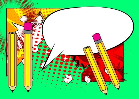 Cartoon Pencil with blank speech bubble, comic book pencil background. Retr.. Stock Illustration