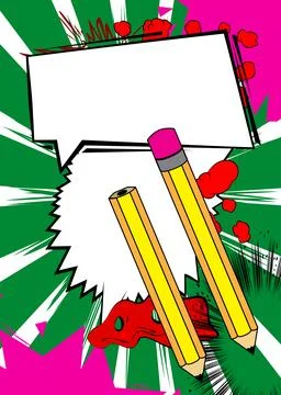 Cartoon Pencil with blank speech bubble, comic book pencil background. Retr.. Illustrazione stock