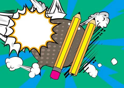 Cartoon Pencil with blank speech bubble, comic book pencil background. Retr.. Stock Illustration